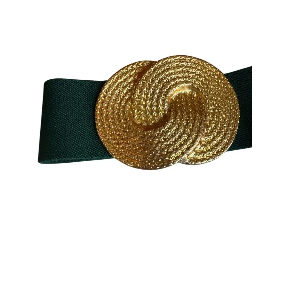 Vintage Nan Lewis Gold Rope Statement Buckle Stretchy Belt Hunter Green